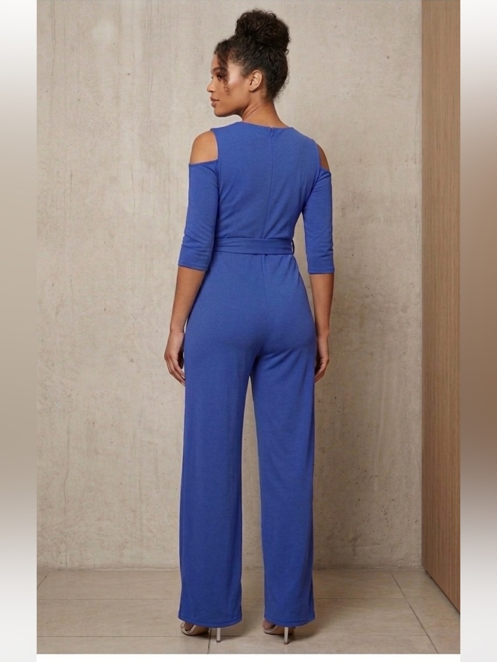 Cold-Shoulder Royal Blue Jumpsuit with Silver Sequin Trim - Picture 2 of 2